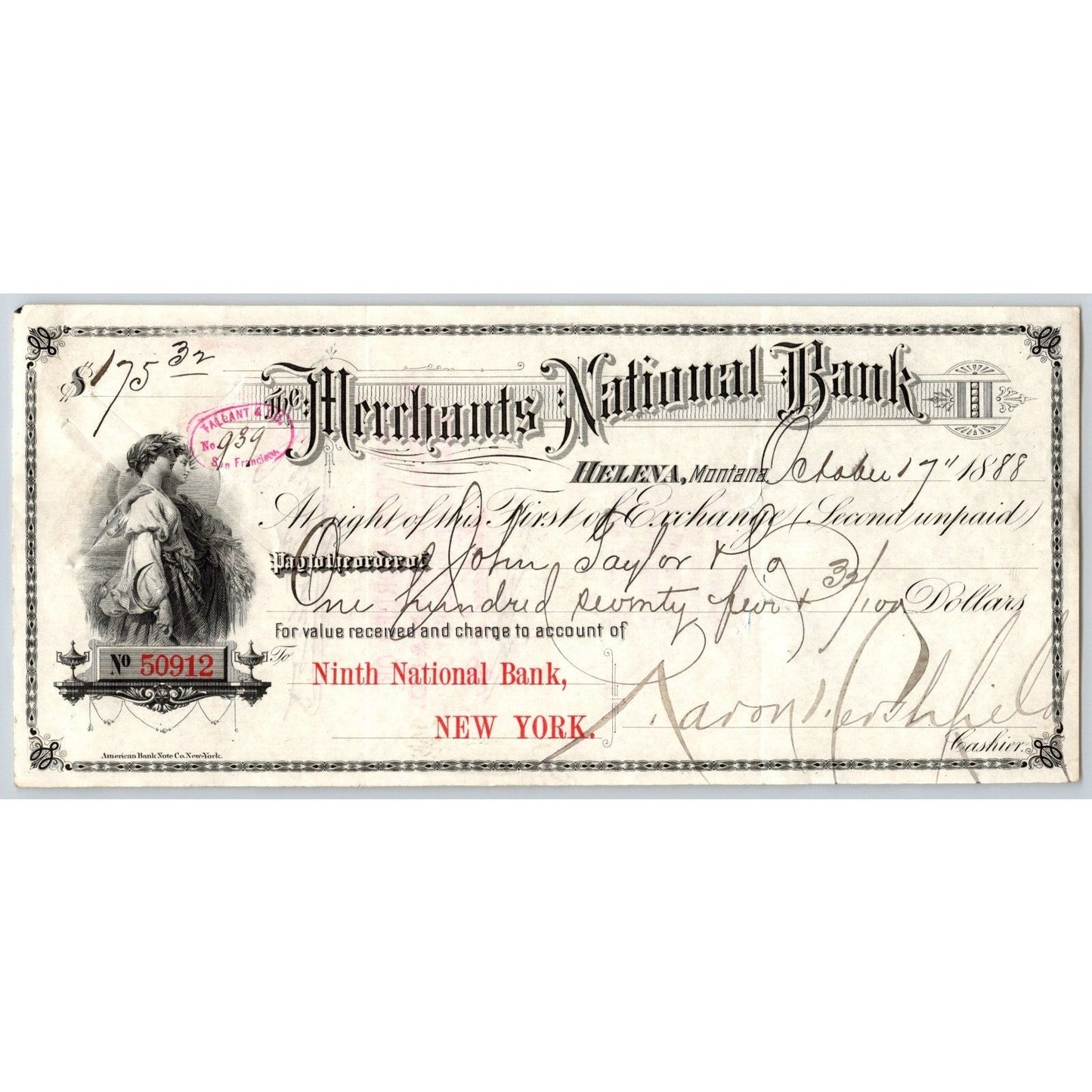 Merchants National Bank, Helena 1888 First of Exchange Bank Check Johnny Taylor