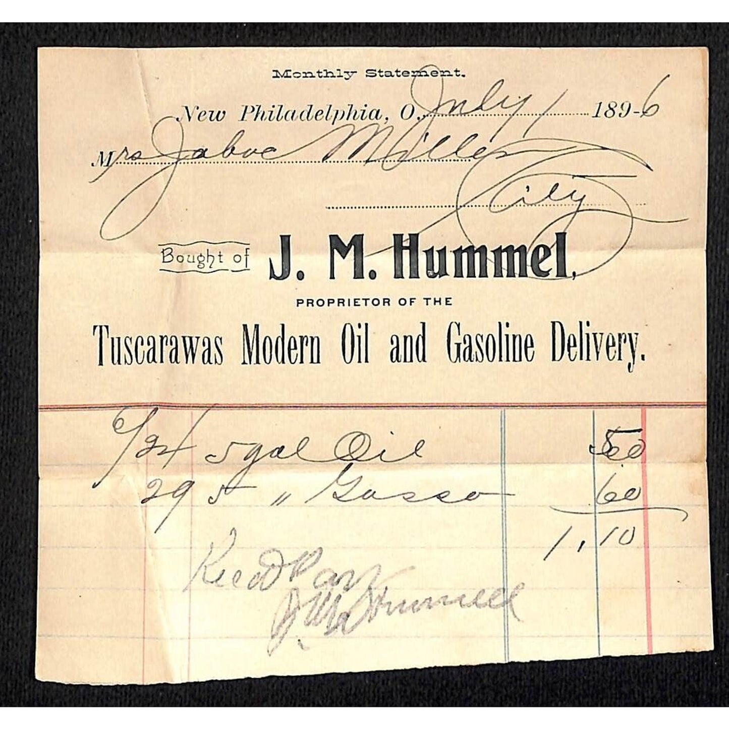 J.M. Hummel "Modern Oil and Gasoline Delivery" New Phila., OH 1896 Billhead