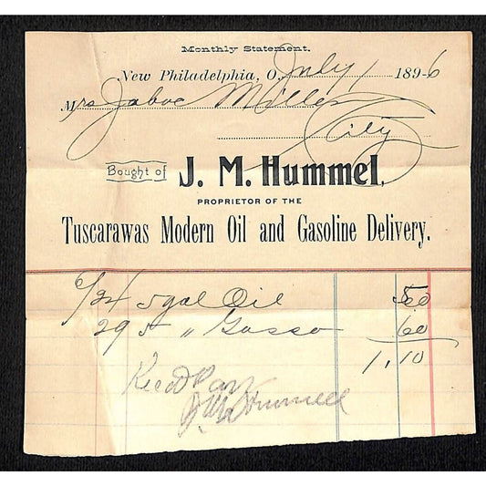 J.M. Hummel "Modern Oil and Gasoline Delivery" New Phila., OH 1896 Billhead