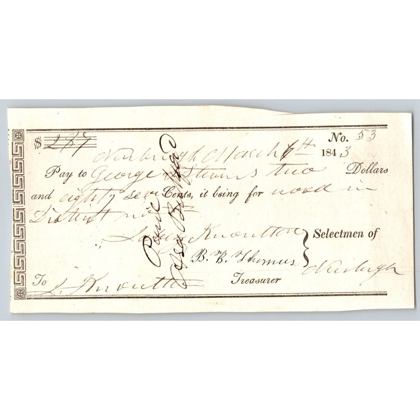 1843 Jabez Knowlton* Newburgh, ME Town Check / Draft to George Stevenson No. 53