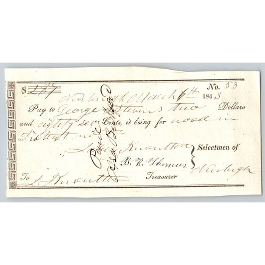 1843 Jabez Knowlton* Newburgh, ME Town Check / Draft to George Stevenson No. 53
