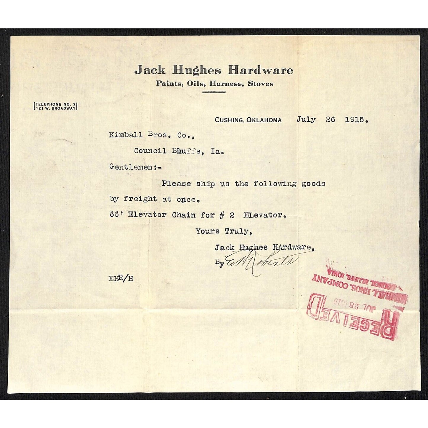 1915 Jack Hughes Hardware Cushing, OK / Kimball Bros. (Elevators) Letterhead