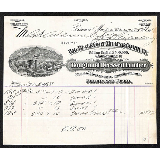 Big Blackfoot Milling Co. Bonner, MT Dressed Lumber 1894 Billhead Vignette VGC