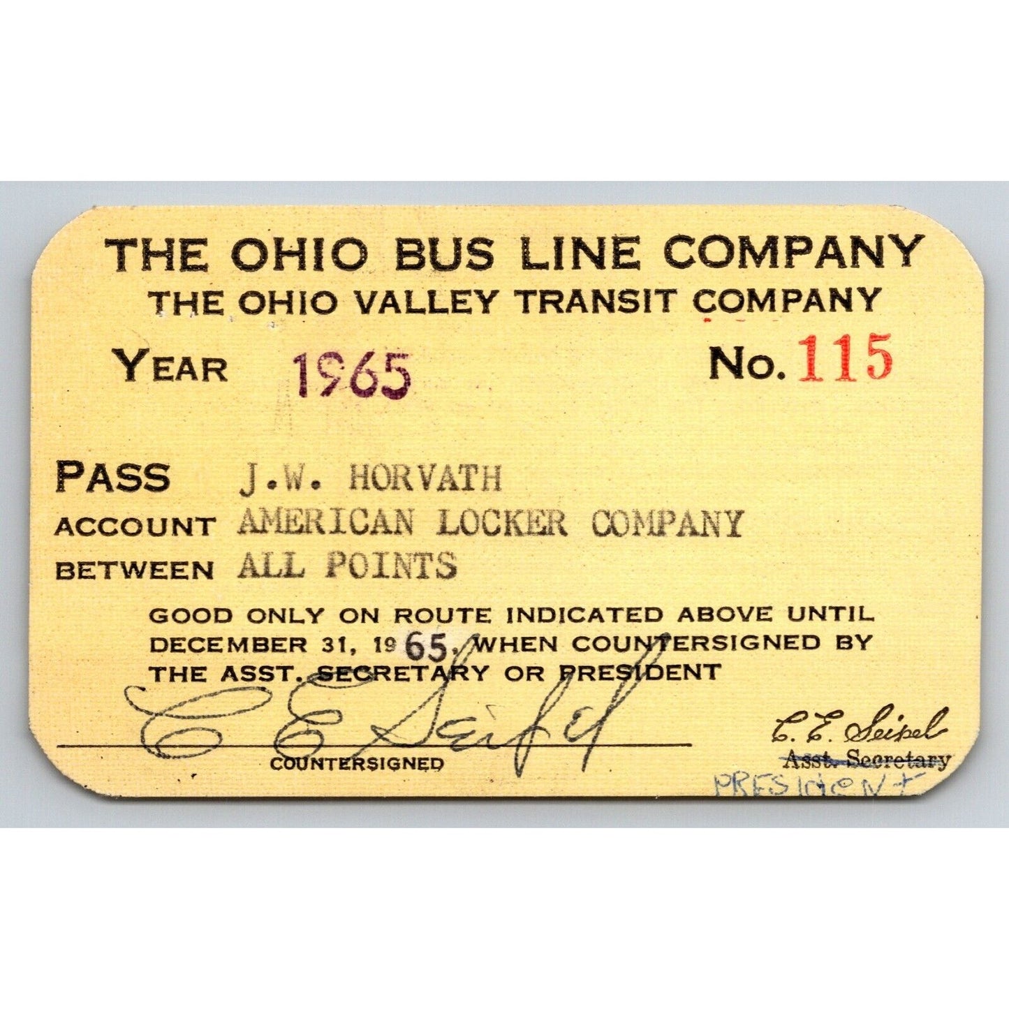 Ohio Bus Lines / Ohio Valley Transit 1965 Annual / Yearly Bus Pass #115
