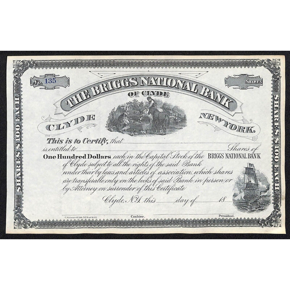 The Briggs National Bank of Clyde NY c1880* Stock Certificate Unissued #135