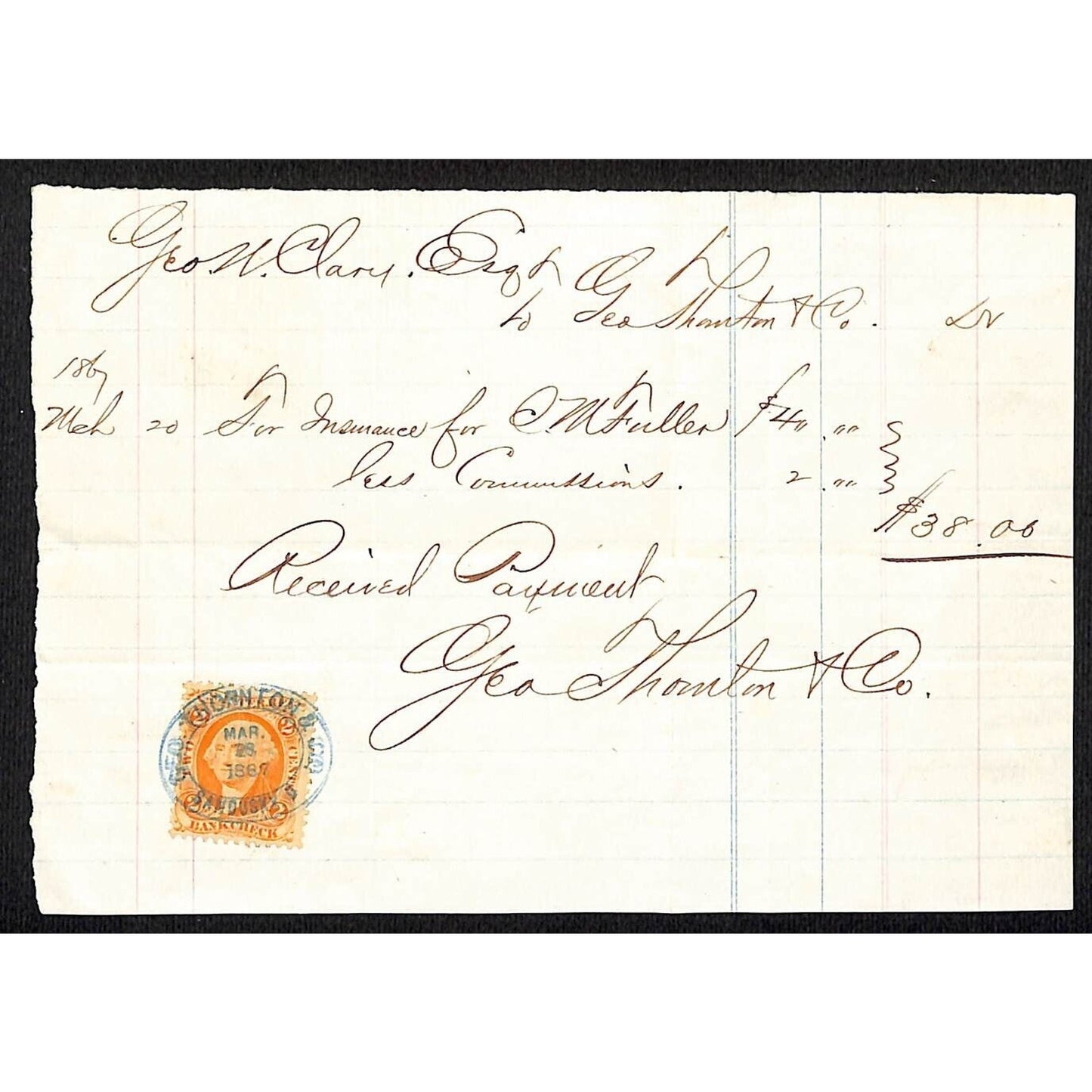 Geo. Thornton & Co Sandusky Insurance Payment Receipt w/ Tax Stamp Geo. N Clary