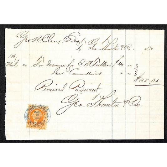 Geo. Thornton & Co Sandusky Insurance Payment Receipt w/ Tax Stamp Geo. N Clary
