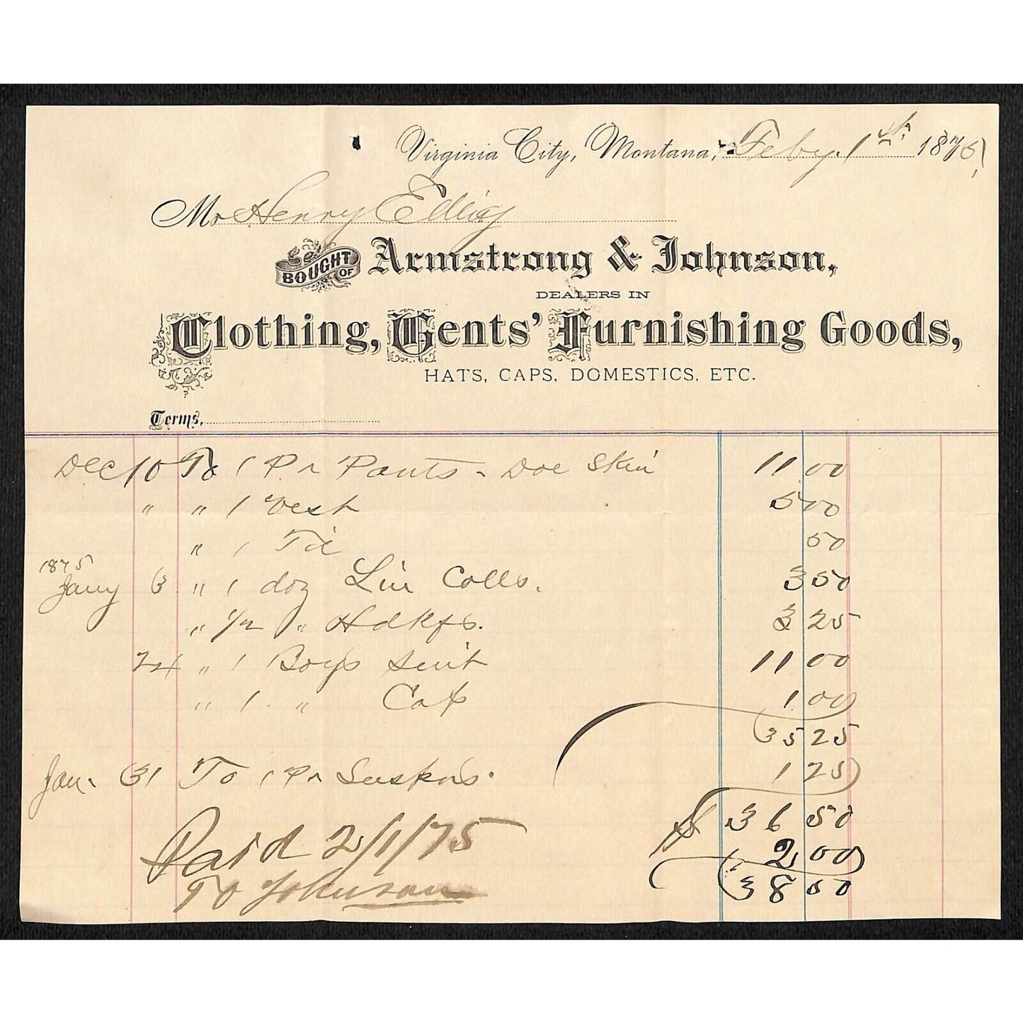 Virginia City, MT Armstrong & Johnson Clothing 2/1 1875 Billhead Henry Elling*