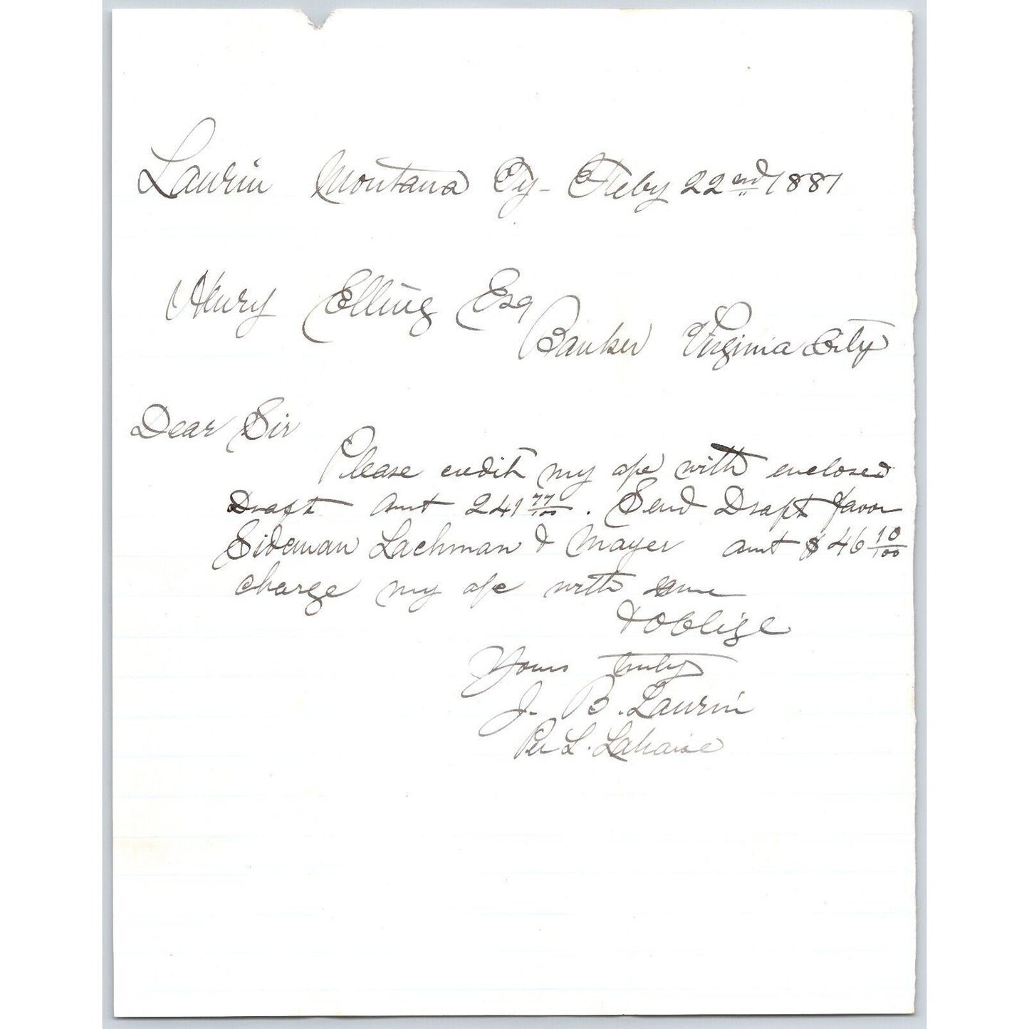 Feb 22 1881 ALS J.B. Laurin** Laurin, MT to Henry Elling* Virginia City, MT