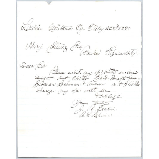 Feb 22 1881 ALS J.B. Laurin** Laurin, MT to Henry Elling* Virginia City, MT