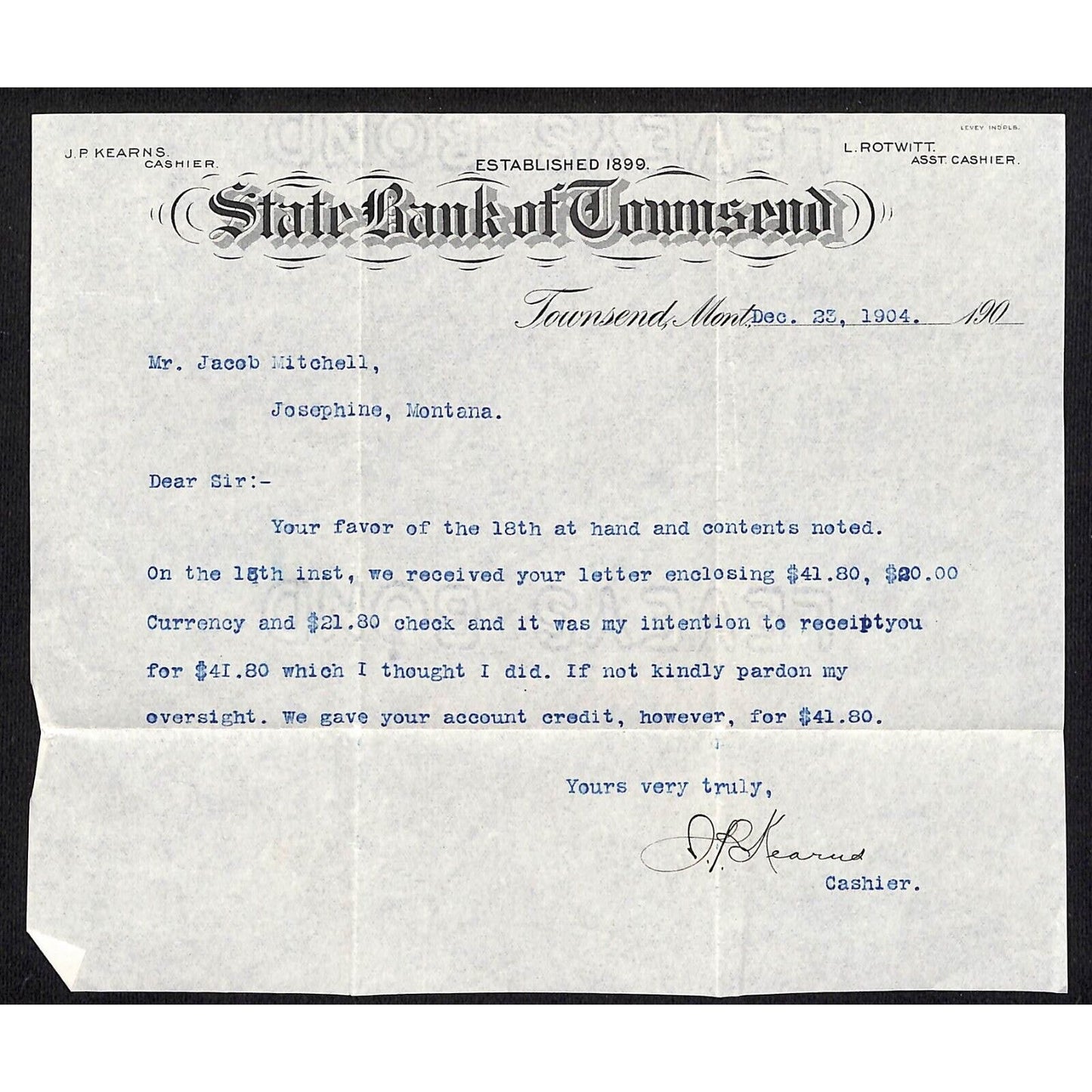 1904 State Bank of Townsend, Montana TLS re: Currency & Check Deposit Oversight