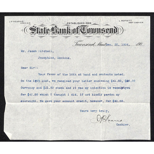 1904 State Bank of Townsend, Montana TLS re: Currency & Check Deposit Oversight