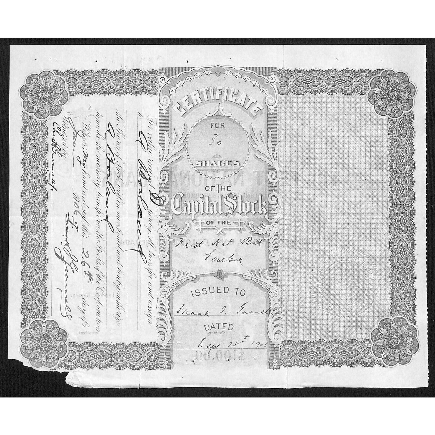 First National Bank of Lovelock, NV 1905 Stock Certificate to: F. I. Gunnell *