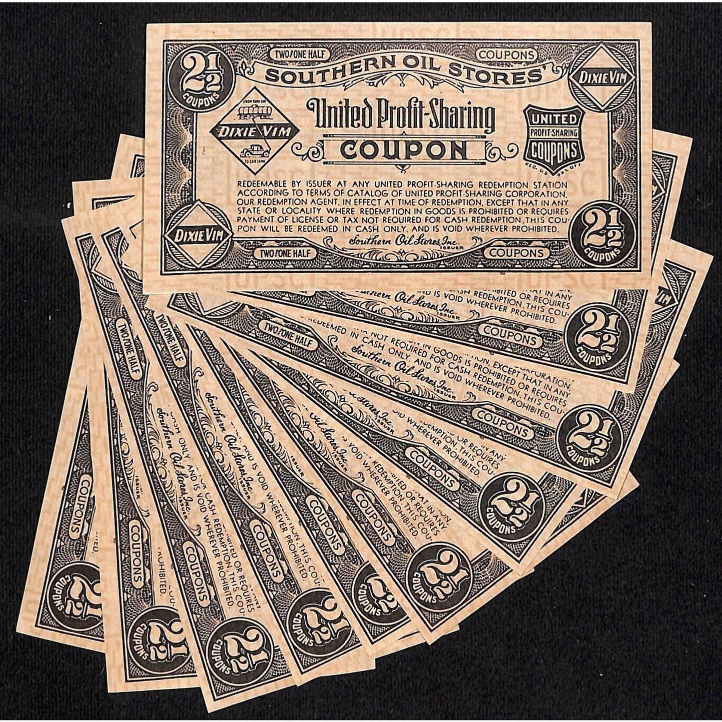 Group of 10 Southern Oil Stores / Dix Vim 2 1/2 United Profit Sharing Coupons VG