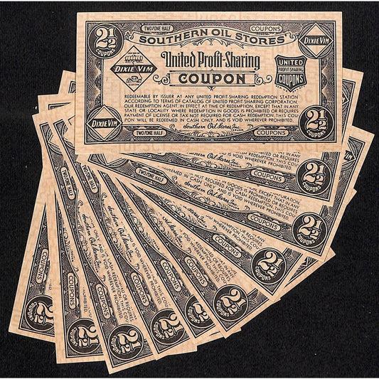 Group of 10 Southern Oil Stores / Dix Vim 2 1/2 United Profit Sharing Coupons VG