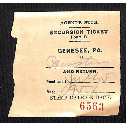 New York & Pennsylvania Ry 1917 Genesee, PA, Excursion Ticket Stub #6563