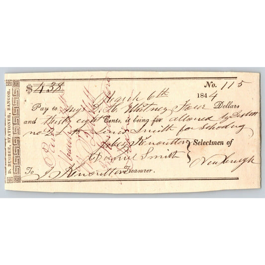 1844 Jabez Knowlton* Newburgh ME Town Check for D.H. Whitncz ?