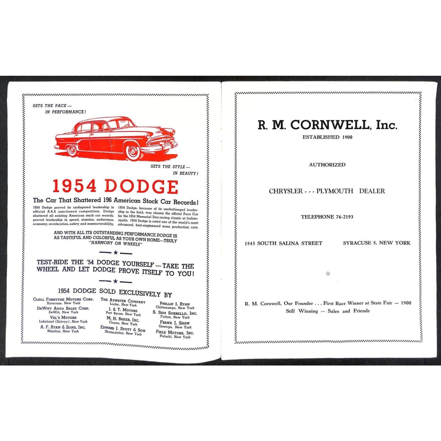 New York State Fair Auto Racing Program Stock Car 9/6 & 9/10 1954 24pp Scarce