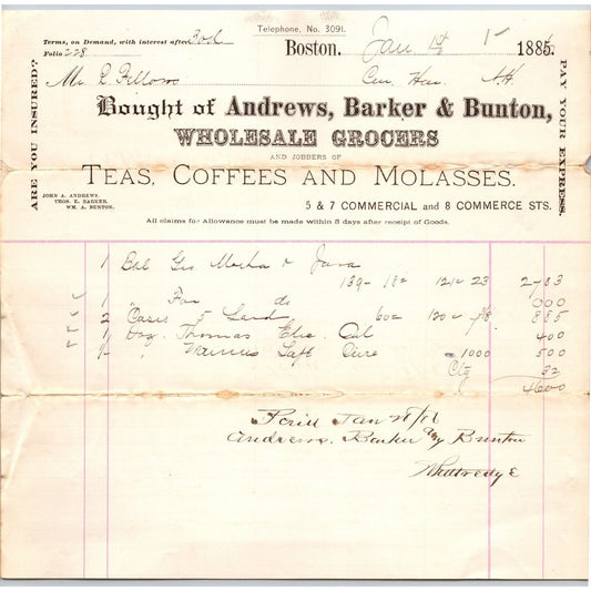 Andrews, Barker & Bunton Grocers Boston 1886 Billhead Rufus Fellows