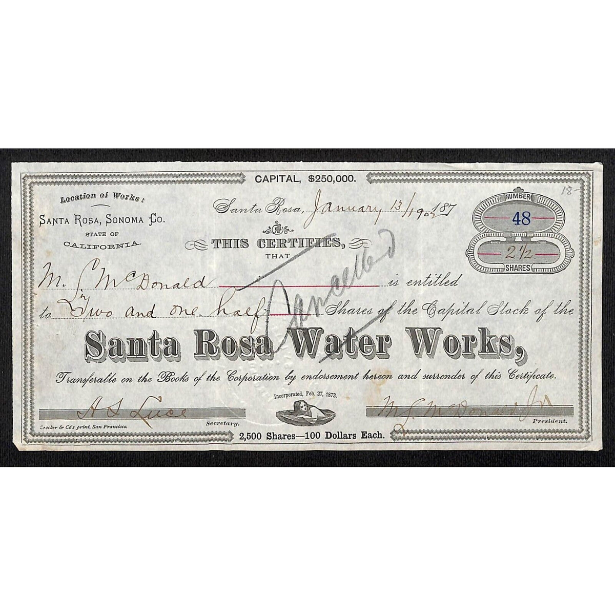 Santa Rosa Water Works 1902 Stock Certificate #48 2 1/2 Shares - Scarce