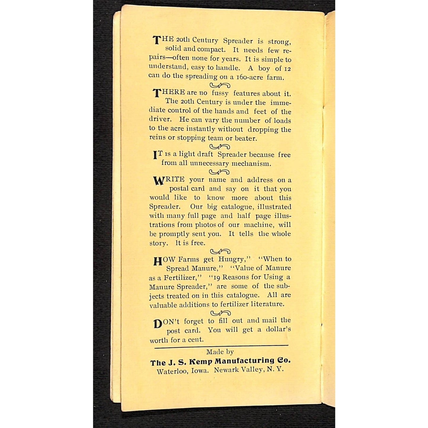 J.S. Kemp Mfg Co "..Money in the Manure.." Catalog / Brochure c1905-10 Scarce