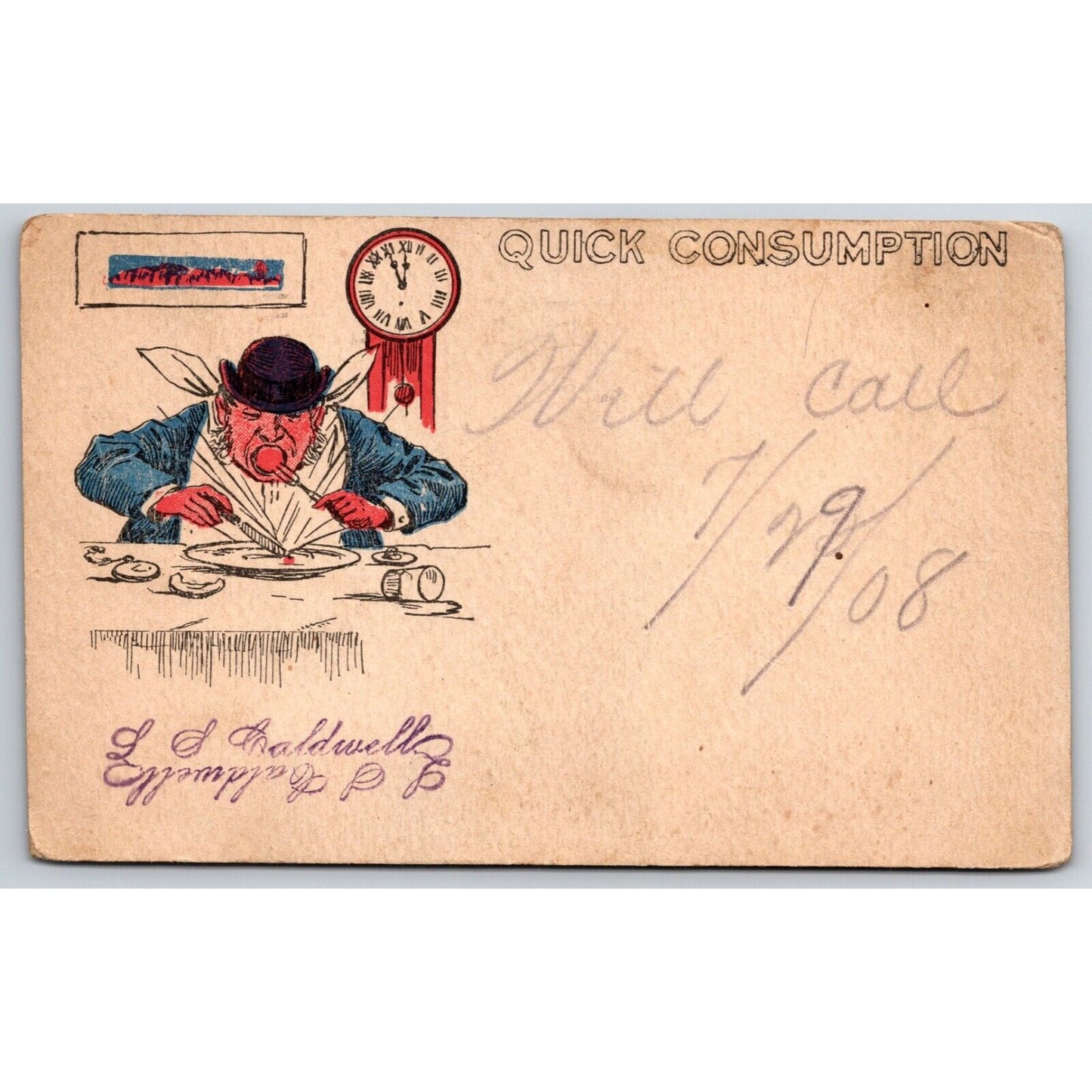 Funny Postcard "Quick Consumption" Hungry Man Eating Meal Cartoon PM 1908