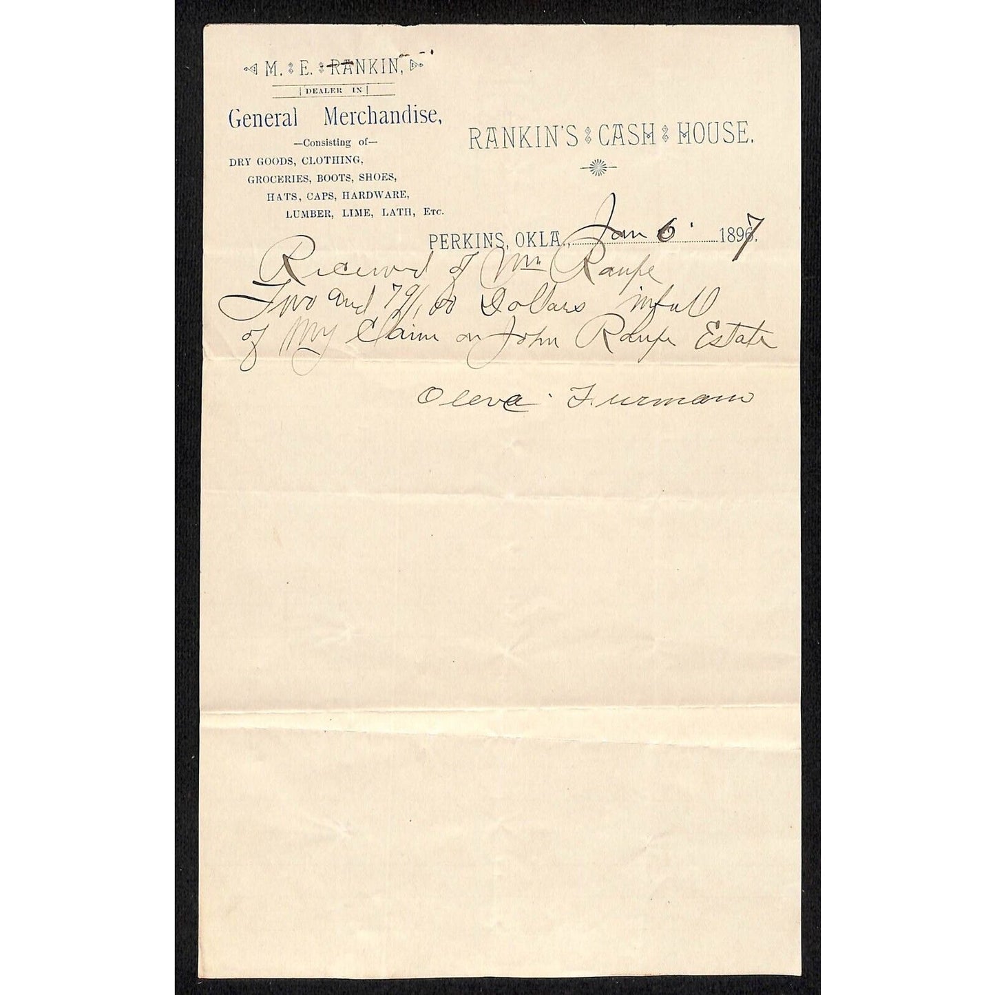 M.E. Rankin Gen Mdse. Cash House Perkins Oklahoma 1897 Territorial Billhead
