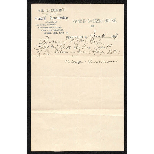 M.E. Rankin Gen Mdse. Cash House Perkins Oklahoma 1897 Territorial Billhead