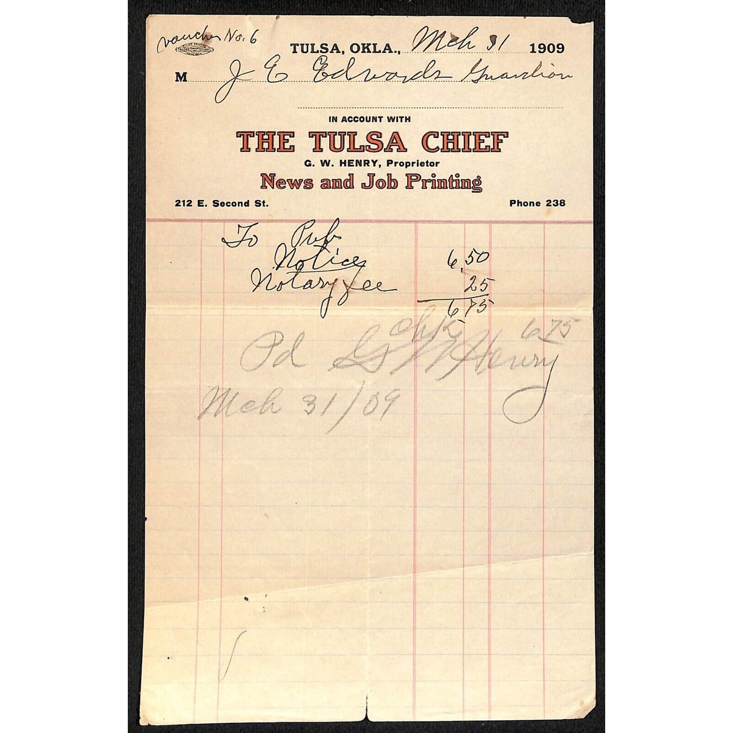 1909 The Tulsa Chief "News and Job Printing" G.W. Henry Tulsa, OK Billhead