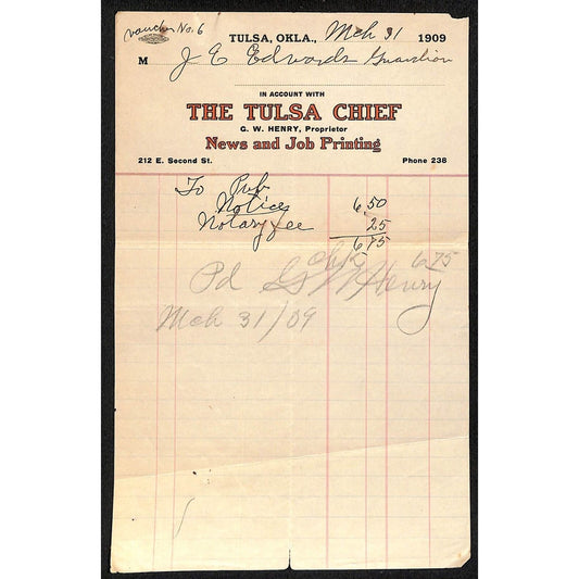 1909 The Tulsa Chief "News and Job Printing" G.W. Henry Tulsa, OK Billhead