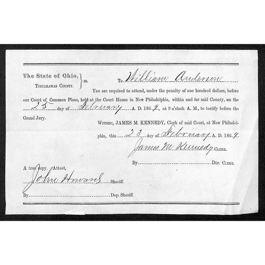 1869 New Philadelphia, Ohio Grand Jury Court Order to Appear Notice Scarce