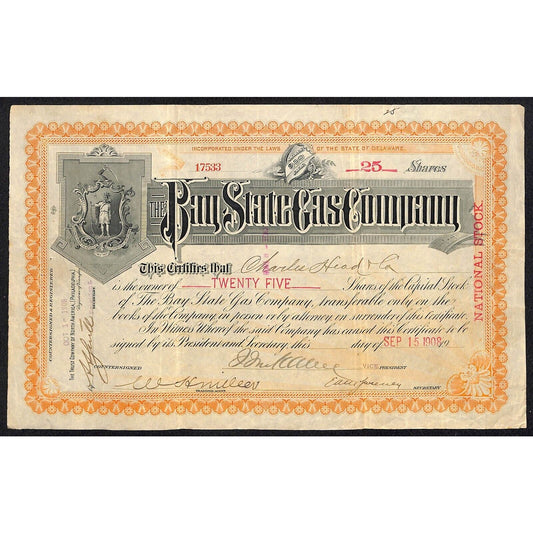 Bay State Gas Company Delaware 1908 Stock Certificate Charles Head & Co.