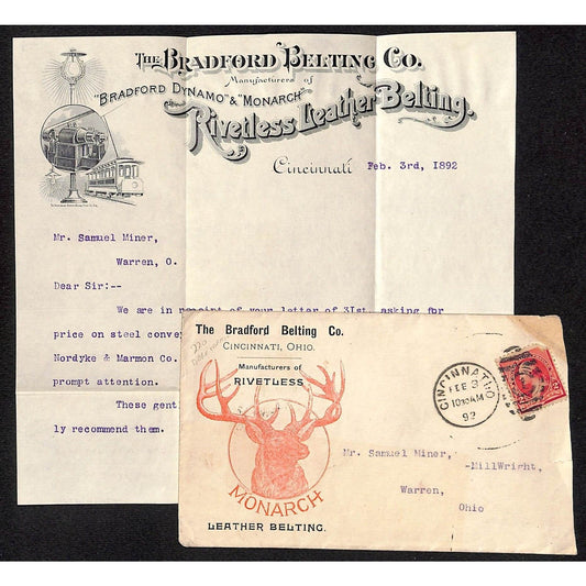 Bradford Belting Co. "Rivetless Leather" Cincinnati 1892 Letterhead & Cover VGC