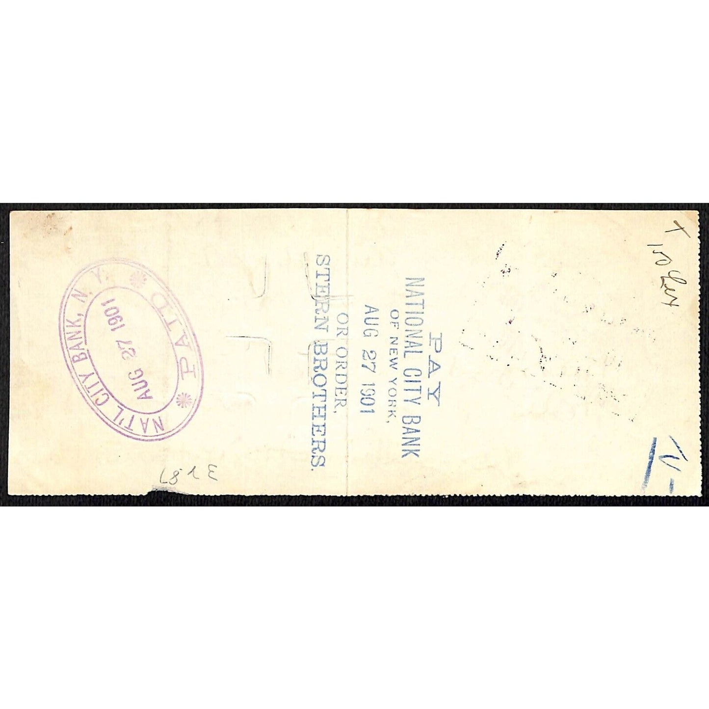 1901 Wells Fargo & Co Bank 63 Broadway NYC Check to Stern Brothers $5