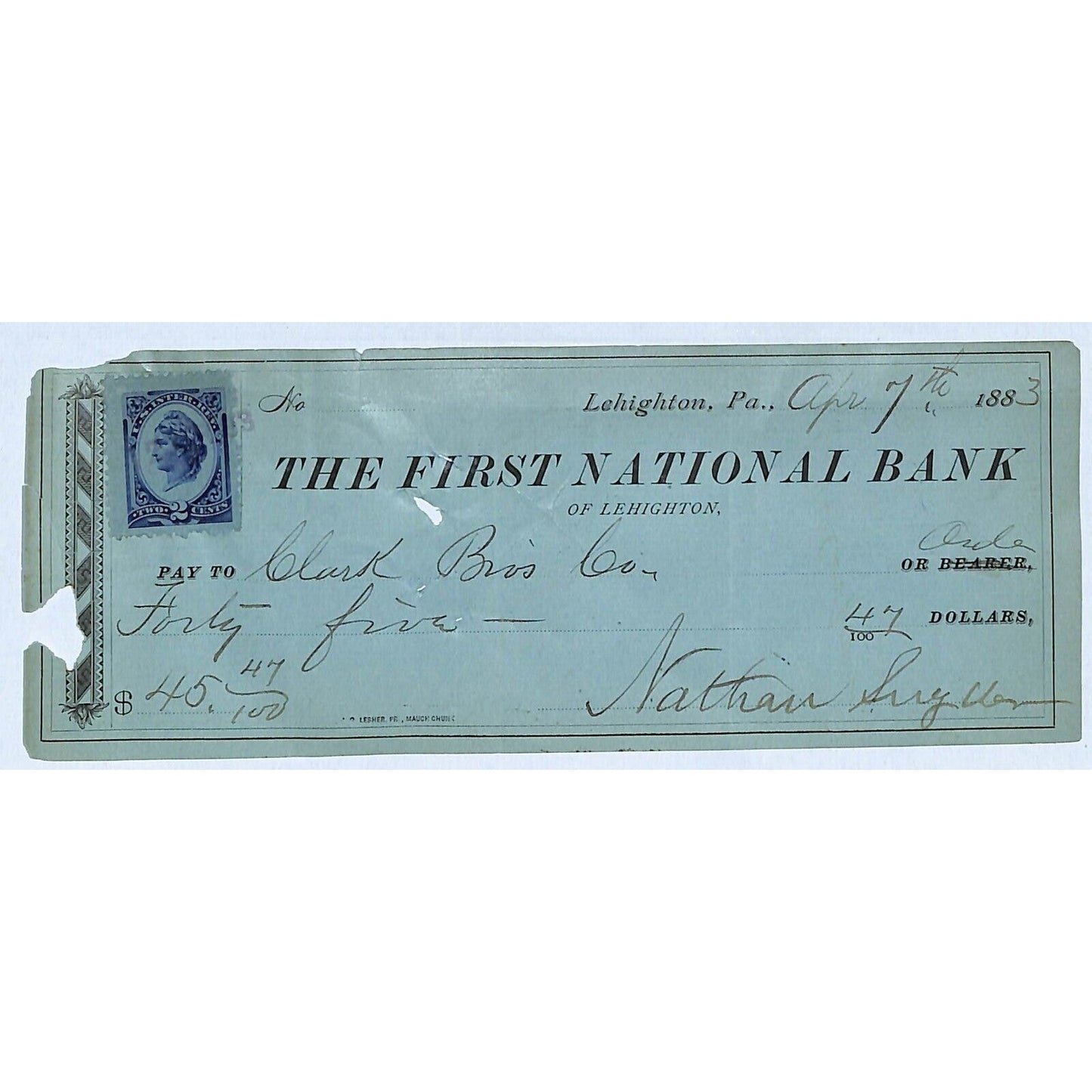 First National Bank Lehighton, PA 1883 Bank Check w/ Rev Stamp Scarce