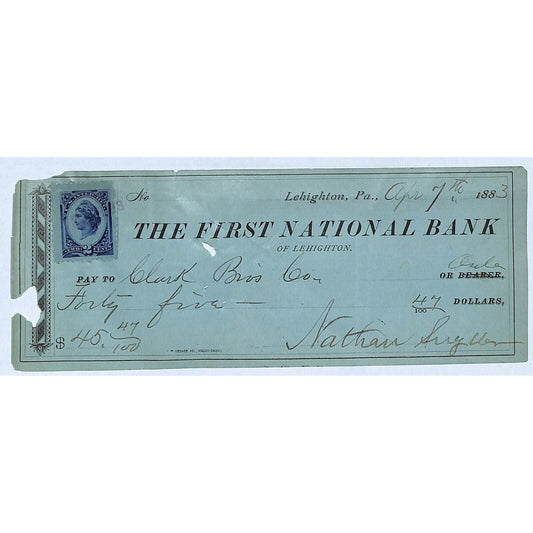 First National Bank Lehighton, PA 1883 Bank Check w/ Rev Stamp Scarce