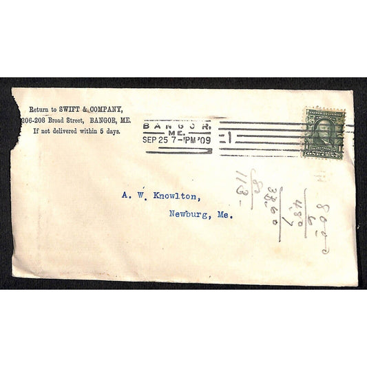 Bangor, ME Swift & Company 1909 Advertising Cover Envelope