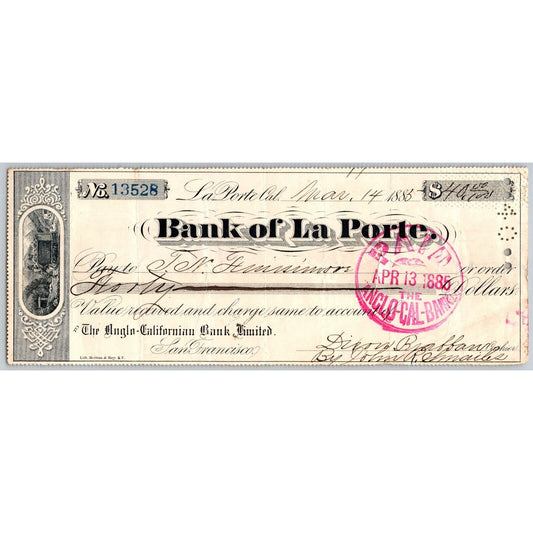 Bank of La Porte Check T.N. Finnimore ? 1884 Mining Vignette #13108