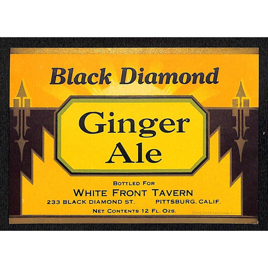 Black Diamond Ginger Ale Soda Label White Front Tavern Pittsburg, CA c1930's-40s