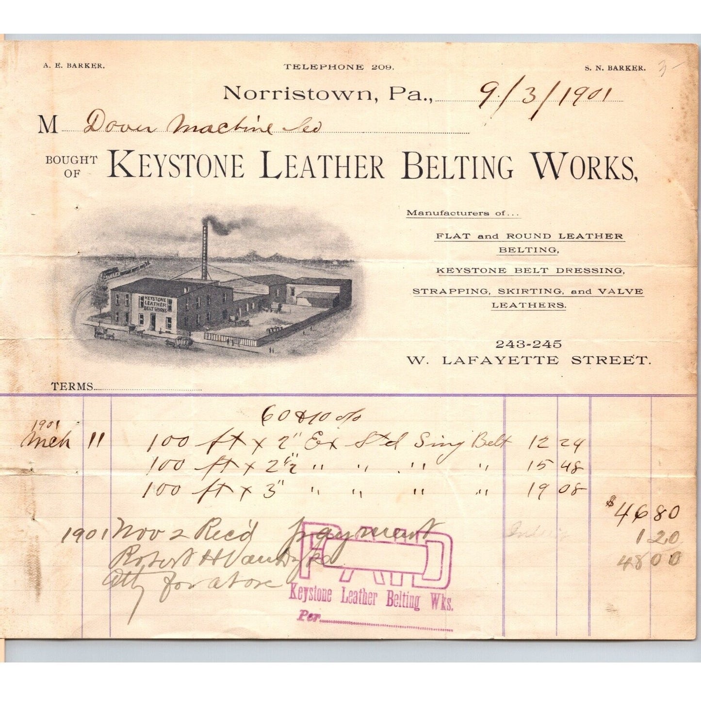 Keystone Leather Belting Works Norristown, PA 1901 Letterhead w/ Vignette Scarce