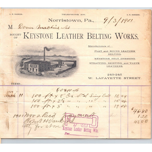 Keystone Leather Belting Works Norristown, PA 1901 Letterhead w/ Vignette Scarce