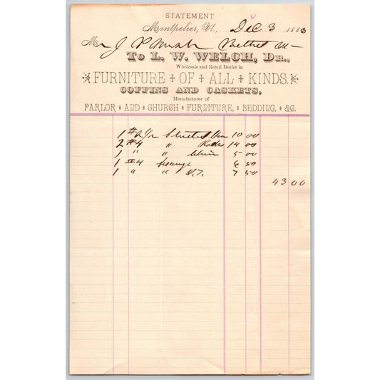 L.W. Welch Montpelier, VT Furniture 1880 ? Statement - Billhead VGC Scarce