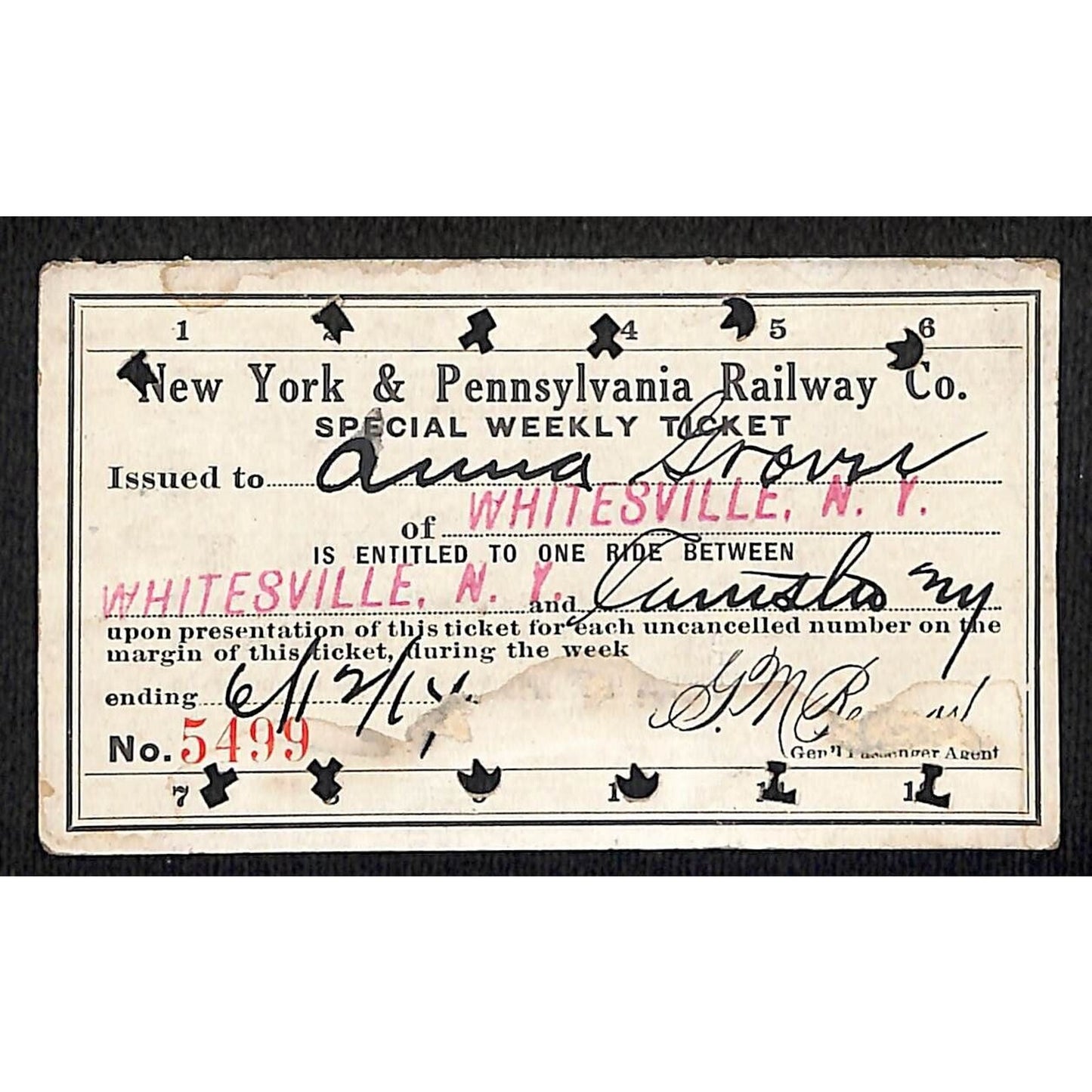 New York & Pennsylvania Ry 1914 Special Weekly Ticket Scarce #5499