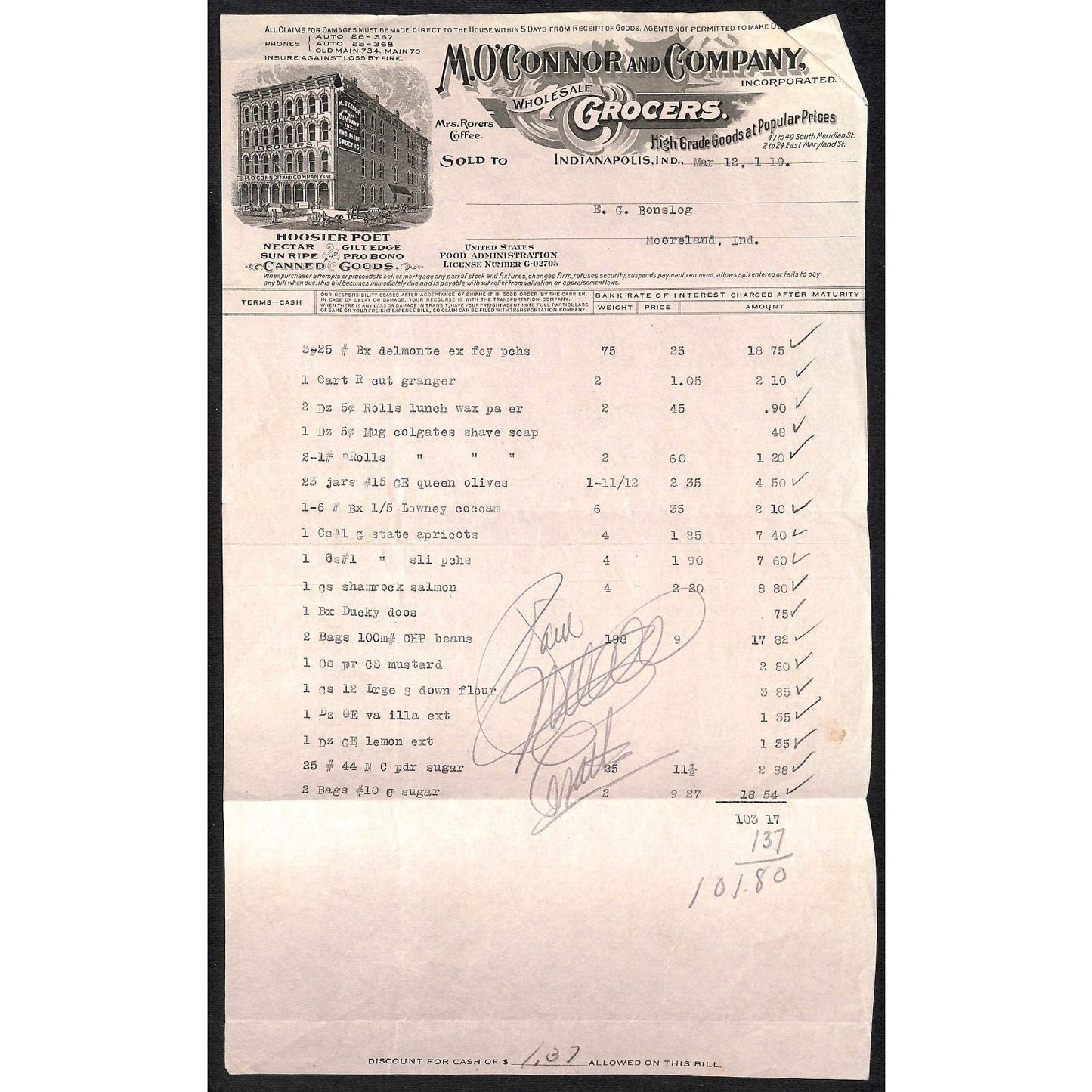 M. O'Connor and Co. Grocers Indianapolis 1919 Billhead w/ Vignette