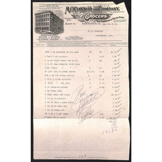 M. O'Connor and Co. Grocers Indianapolis 1919 Billhead w/ Vignette