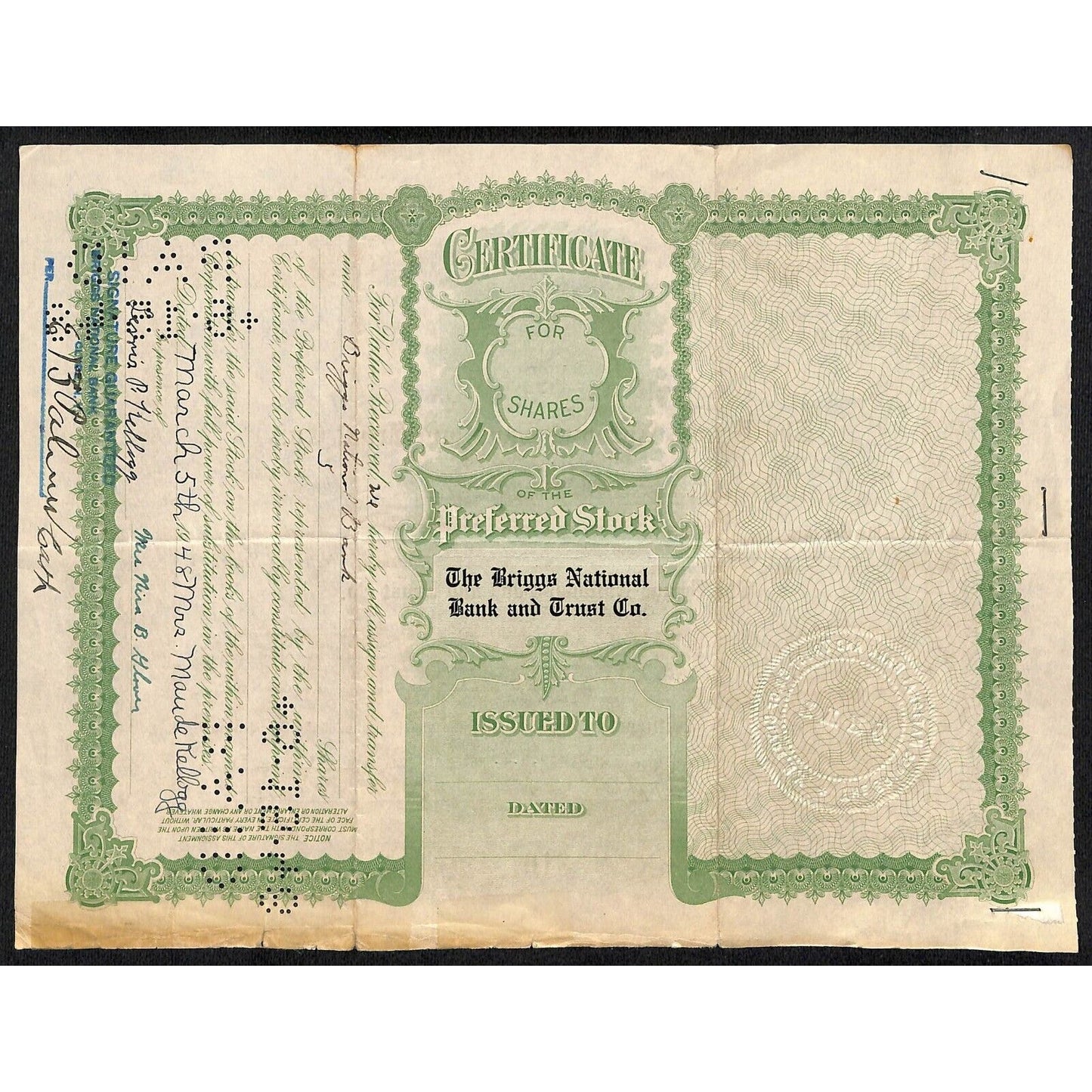 Briggs National Bank and Trust Clyde, NY 1936 Stock Certificate to Nira Glover