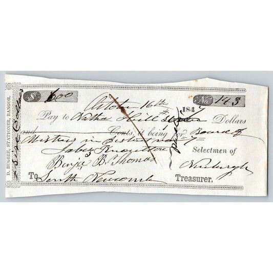 1847 Jabez Knowlton* Newburgh ME Town Check to Nathan Hill for Board of Mistress
