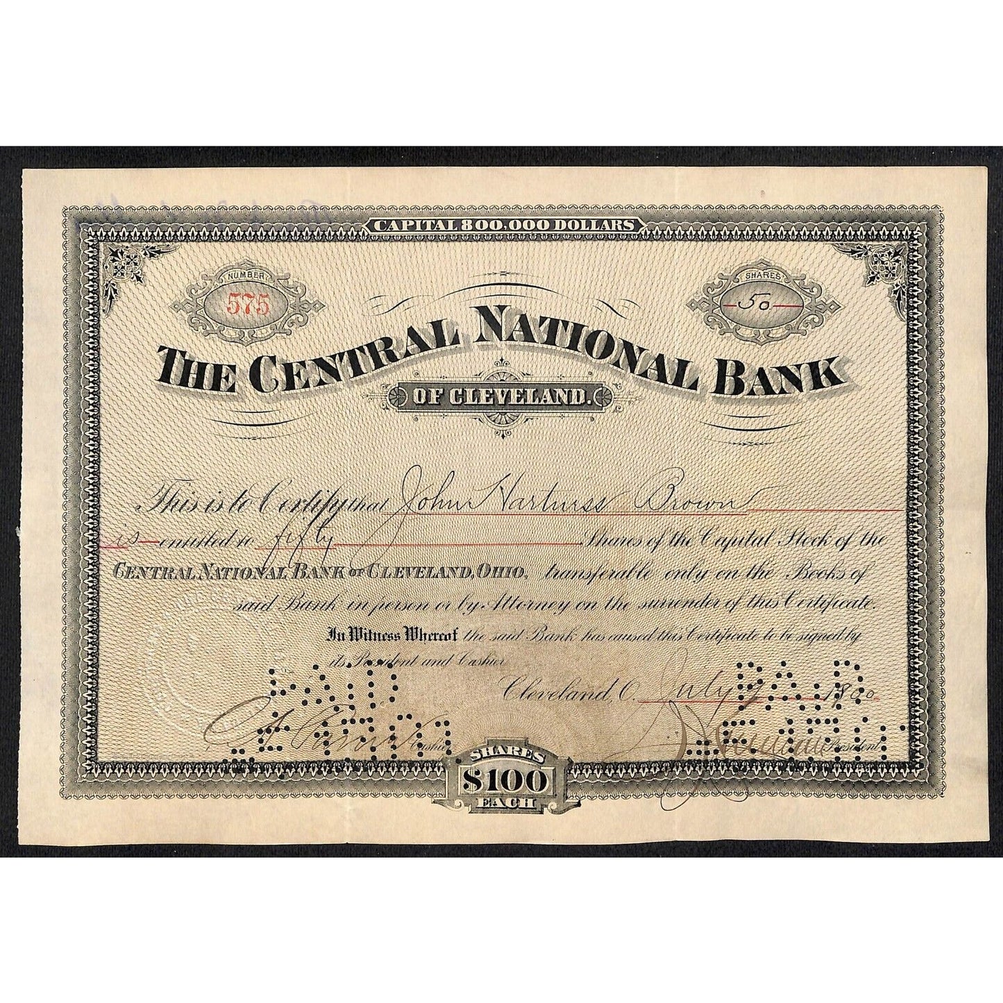 Central National Bank of Cleveland 1900 Stock Certificate to John Hart??ss Brown