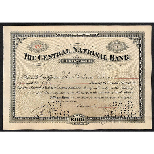 Central National Bank of Cleveland 1900 Stock Certificate to John Hart??ss Brown