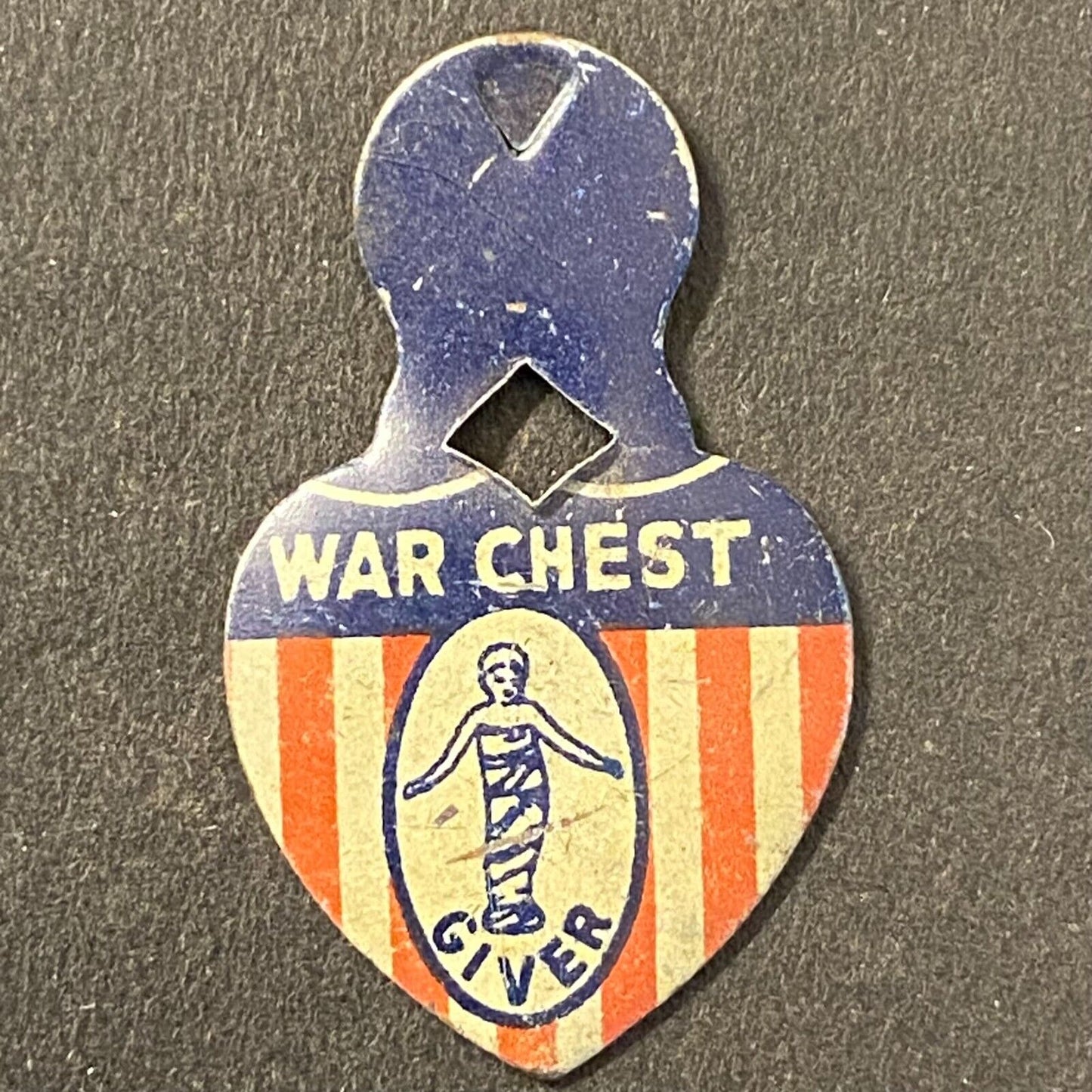 War Chest "Giver" Heart Shaped Steel Fold Over Lapel Pin 5/8" x 3/4" WWII Era